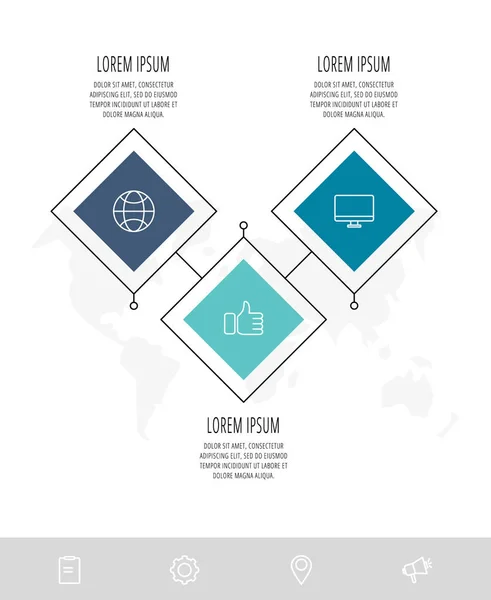 Infografía de plantilla plana. Concepto de negocio con 3 opciones y pasos. Tres rombos con cuadrados coloridos. Puede ser utilizado para el contenido, diagrama de flujo, línea de tiempo, niveles, marketing, presentación de diapositivas — Vector de stock