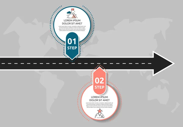 Moderní silniční infografická šablona s kruhy. Obchodní koncept se 2 možnostmi a šipkami. Dva kroky pro obsah, vývojový diagram, časová osa, úrovně, marketing, prezentace — Stockový vektor