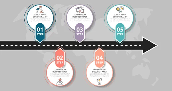 Moderní silniční infografická šablona s kruhy. Obchodní koncept s 5 možnostmi a šipkami. Pět kroků pro obsah, vývojový diagram, harmonogram, úrovně, marketing, prezentace — Stockový vektor
