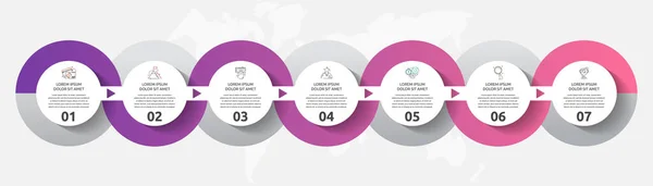 Infografica a cerchio modello vettoriale. Concetto aziendale con 7 opzioni e parti. Sette passaggi per contenuto, diagramma di flusso, timeline, livelli — Vettoriale Stock