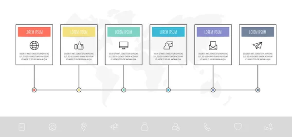 Șablon infografic vectorial modern cu dreptunghiuri. Banner de afaceri cu 6 opțiuni și cercuri. Șase pași pentru broșură, diagramă, cronologie, raport anual, web design — Vector de stoc