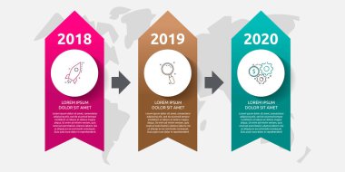 Vektör pankartı bilgi grafikleri. 3 seçenek ve adımlı ok işi konsepti. Diyagramlar, akış şeması, zaman çizelgesi, iş raporu, grafik veya grafik için üç adım kullanılabilir
