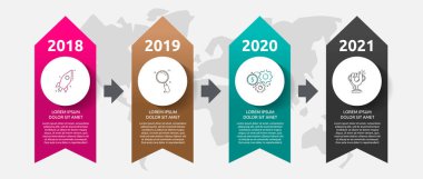 Vektör pankartı bilgi grafikleri. 4 seçenek ve adımlı ok işi konsepti. Diyagramlar, akış şeması, zaman çizelgesi, iş raporu, grafik veya grafik için dört adım kullanılabilir