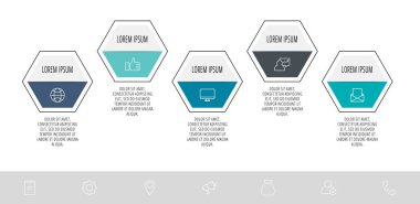 Vektör modern bilgi işlem şablonu. Simgeli çokgenler ve 5 adım için metin. Diyagramlar, akış şeması, diyagram, sayı seçenekleri, web tasarımı için kullanılabilir