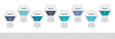 Vektör modern bilgi işlem şablonu. Simgeli çokgenler ve 8 adım için metin. Akış şeması, diyagram, sayı seçenekleri, web tasarımı için adım adım kullanılabilir