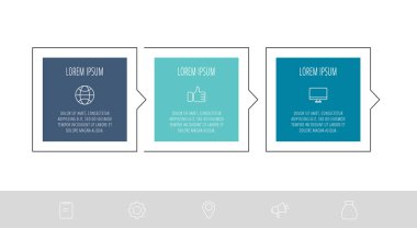 Vektör düz bilgi şablonu. 3 adım için simgeler ve oklarla veri canlandırması. Sunumlar, akış şeması, afiş raporu, grafik veya bilgi grafiği için kullanılabilir