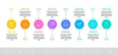 Vektör şablonu bilgi grafikleri. 8 seçenekli ve parçalı iş konsepti. Grafik, diyagramlar ve slayt gösterisi için sekiz adım. Yol adım adım