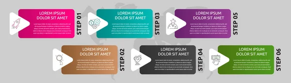 Vektör şablonu şekil bilgisi. 6 ok ve etiketli iş konsepti. İçerik, grafik, diyagram ve slayt gösterisi için altı adım