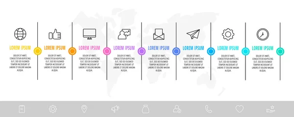 8 adım ya da parçalı minimal bilgi ince çizgi tasarımı. Diyagram, sunum, akış şeması, pankart ve zaman çizelgesi için kullanılan vektör şablonu