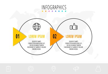 Okları olan iki dairesel elementli iş diyagramı. Seçebileceğin iki iş seçeneği içeren düz konsept. Bilgi grafikleri akış şeması, zaman çizelgesi, web, grafik, sunum için modern tasarım