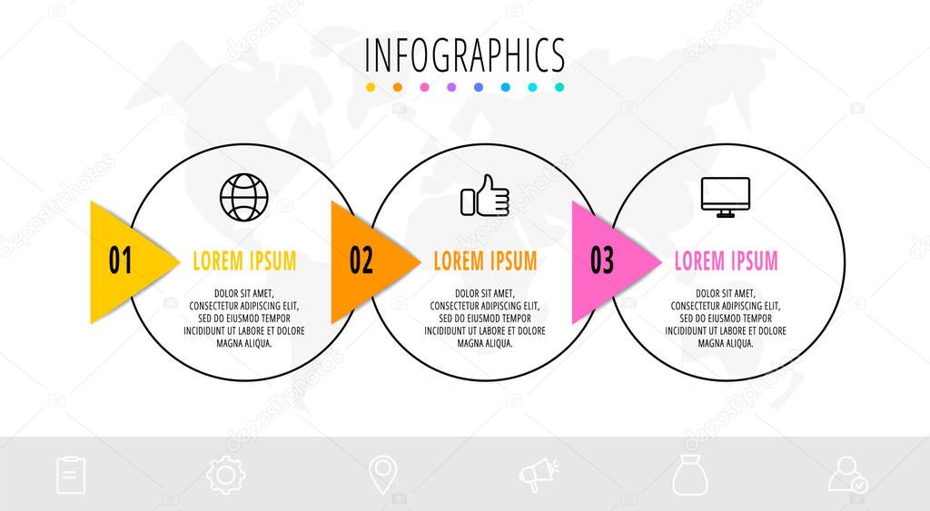 Business diagram with 3 circular elements with arrows. Vector flat concept of three business options to choose from. Infographics modern design for flowchart, timeline, web, graph, presentation