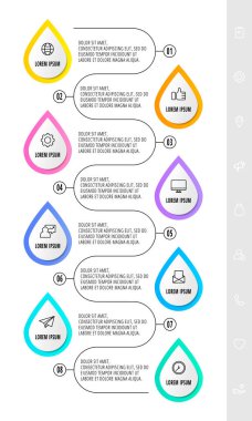 8 damlası ve simgesi olan vektör bilgisi. Sekiz iş seçeneğinin şablonu. Akış şeması, sunumlar, afiş, diyagram, zaman çizelgesi için modern tasarım. Yol adım adım