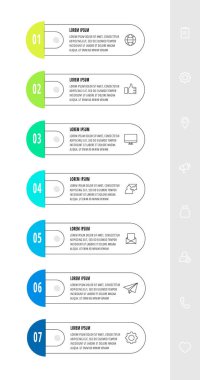 7 etiket ve simge içeren vektör bilgi dizayn şablonu. Vektör çizgisi kavramı. Diyagram, iş dünyası, web, afiş, iş akışı düzeni, sunumlar, akış şeması, bilgi grafiği, zaman çizelgesi için kullanılabilir