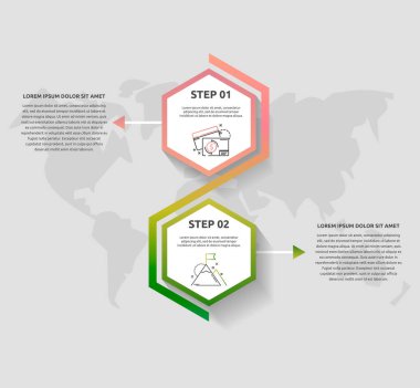 Vektör işleri bilgi grafikleri. Zaman çizelgesi, iki altıgen ve oklarla modern. Web tasarımı, pazarlama reklamcılığı, iş akışı düzeni, yıllık rapor, akış şeması, grafik