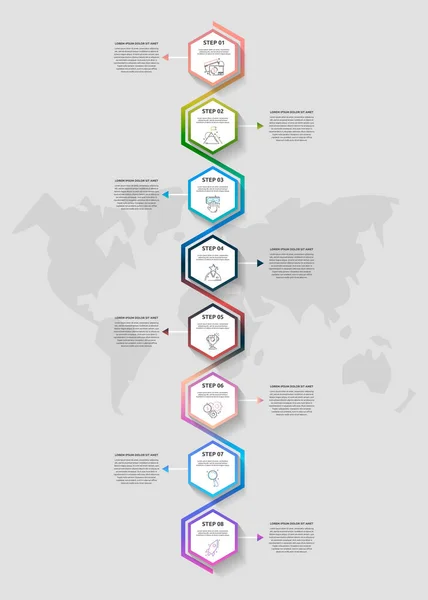 向量业务的信息图形 现代时间线8个六角形箭头流程图 时间表 列报的现代设计 — 图库矢量图片