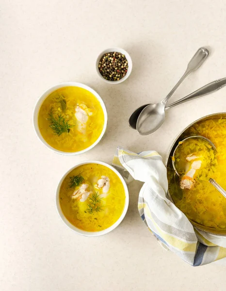 Pasta buatan sendiri sup ayam dalam mangkuk dan dalam panci masak, top view — Stok Foto