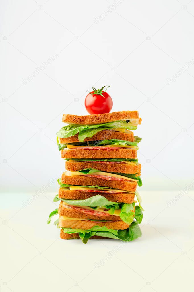 Giant multilayered salami and cheese sandwich with small tomato on top on white background. Portrait orientation, with copy space