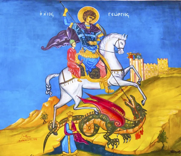 Церковь Святого Георгия Дракона Фреска Святого Георгия Мадаба Иордания — стоковое фото