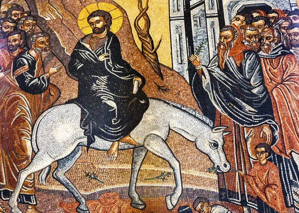 Jesus Kristus palmsöndagen mosaik Saint George's kyrkan Madaba Jordanien — Stockfoto