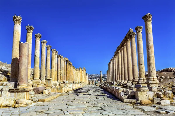 Korint sütunları Antik Roma yol şehir: Jerash Jordan — Stok fotoğraf