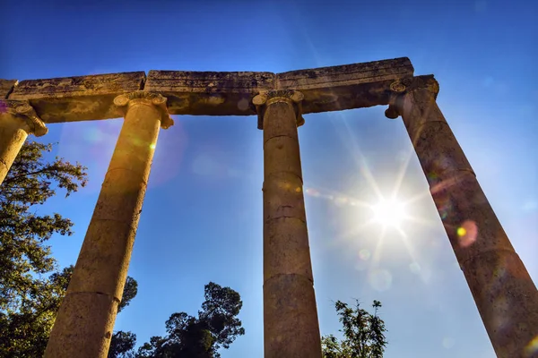 Ιωνικού ρυθμού στήλες ήλιο οβάλ Plaza αρχαία ρωμαϊκή πόλη Γέρασα Ιορδανία — Φωτογραφία Αρχείου