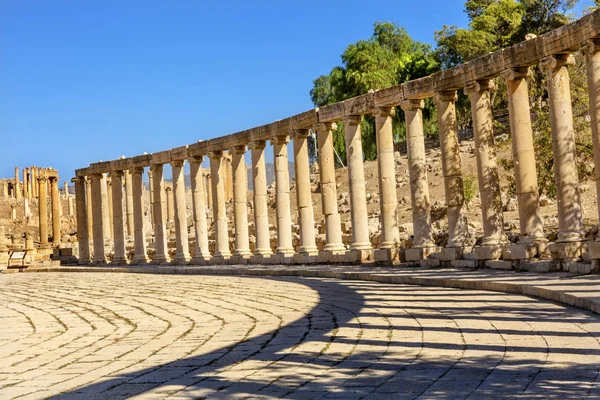 Oval Plaza 160 iyonik sütun Antik Roma kenti: Jerash Jordan — Stok fotoğraf
