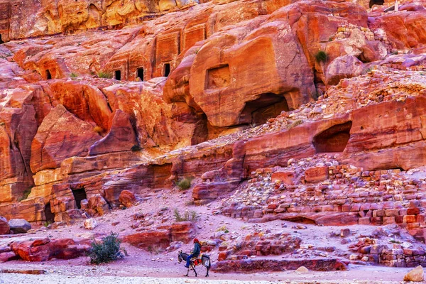 Åsnan Rose Red Rock Tombs Afternoon Street av fasader Petra Jordanien — Stockfoto