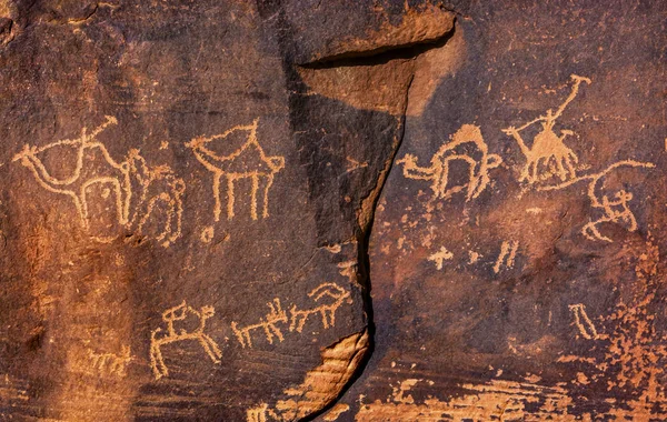 Camel rotstekeningen vallei van maan Wadi Rum Jordanië — Stockfoto