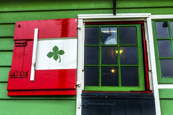 Wooden Red Green Window Windmill Zaanse Schans Village Holland Netherlands — Stock Photo, Image