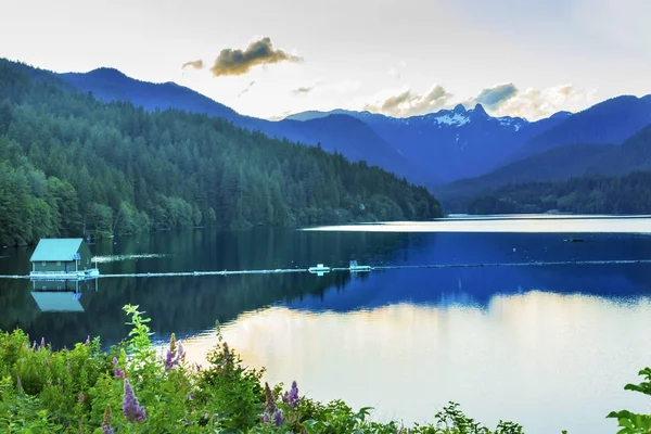 Capilano Reservoir Lake Snowy Two Lions Mountains Vancouver British Columbia Canada — Stock Photo, Image