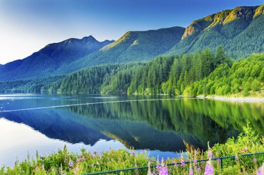 Capilano rezervuar Lake yeşil dağların Vancouver British Columbia, Kanada