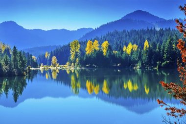 Mavi su Yewllow ağaçlar Altın Göl sonbahar Snoqualme Pass Washington