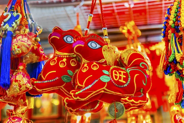Red Ancient Dogs Chinese Lunar New Year Decorations Beijing China — Stock Photo, Image