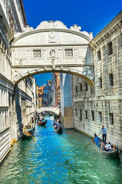 Gondola Touirists Colorful Side Canal Bridge Sighs Venice Italy