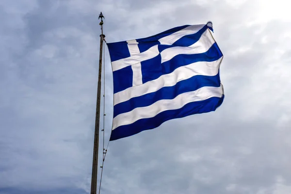 Blue White Greek Flag Summit Acropolis Athens Greece — Stock Photo, Image