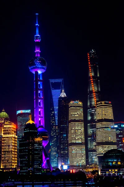 Oriental Pearl Wieża Pudong Refleksje Noc Światła Huangpu Rzeka Trzy — Zdjęcie stockowe