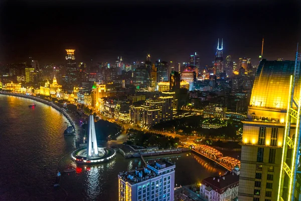 Ponte Waibaidu Monumento Aos Heróis Povo Bund Shanghai China Night — Fotografia de Stock