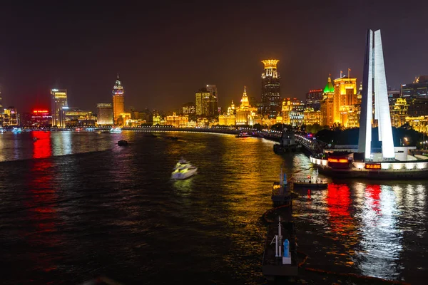 Monument People Heroes Huangput River Bund Skyscrapers Shanghai China Night — Stock Photo, Image