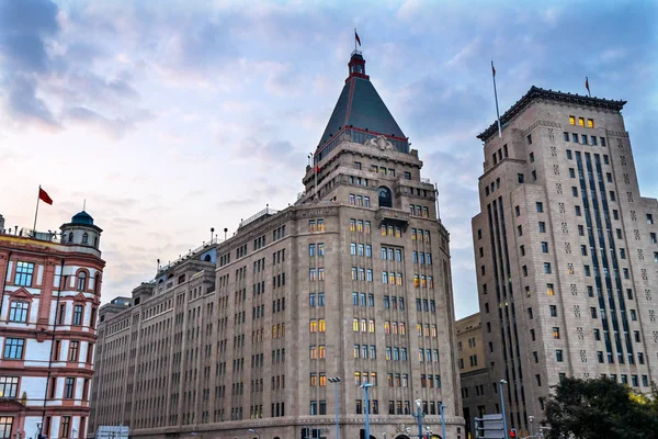 Fred Hotel Bund Byggnader Kvällen Shanghai Kina Mest Kända Platserna — Stockfoto