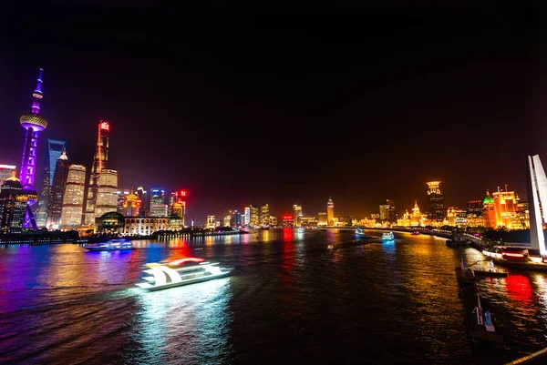 Monument People Heroes Huangpu River Bund Skyscrapers Shanghai China Night — Stock Photo, Image