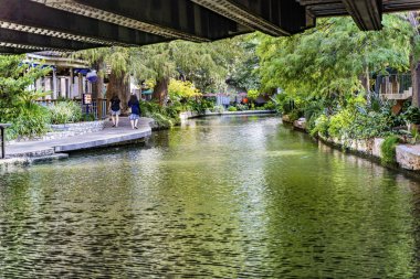Bridge Restaurants Sidewalks Tourists Reflection River Walk San Antonio Texas