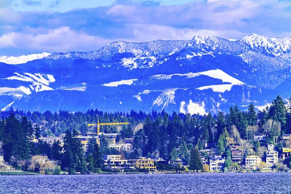 Huizen Lake Washington Snow Capped Mountains Bellevue Washington — Stockfoto