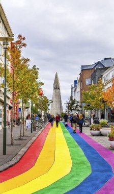 Hallgrimskirkja Kilisesi Renkli Gökkuşağı Alışveriş Sokağı Reykjavik İzlanda