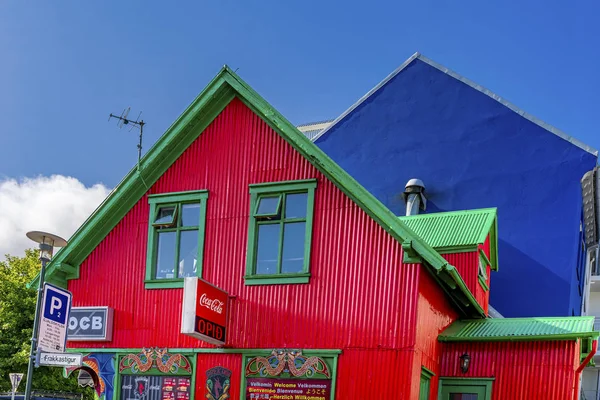 Red Blue Corrugated Iron Store Shopping Street Reykjavik Iceland — Stock Photo, Image