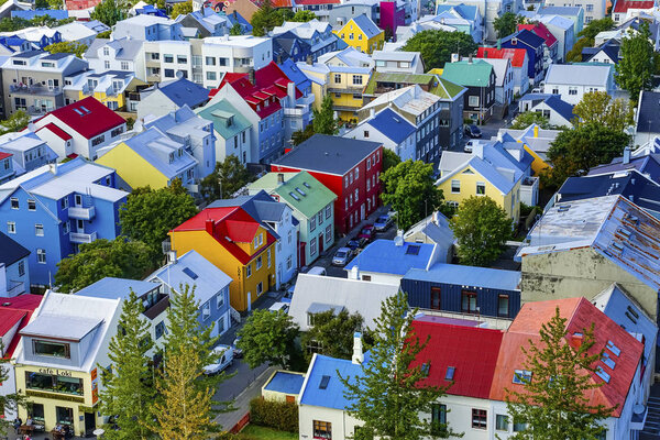 Colorful Red Green Blue Yellow Houses Cars Streets Reykjavik Iceland. Most houses are made of corrugated metal.