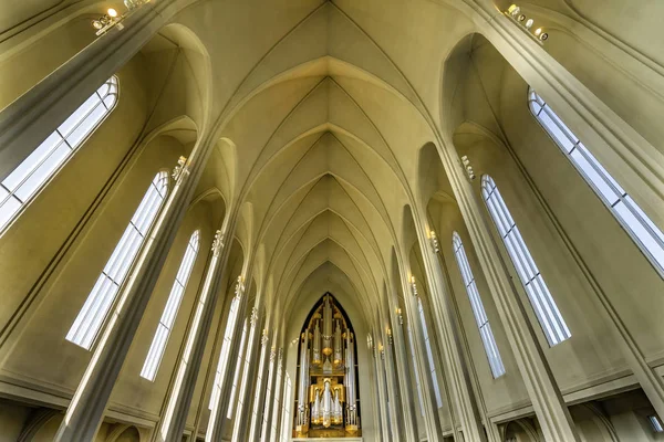 Tall Columns Ceiling Organ Hallgrimskirkja Church Reykjavik Icel — 스톡 사진