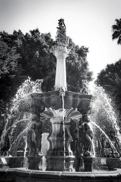 黑白色San Miguel Arcangel喷泉Zocalo公园Puebla Mexi — 图库照片