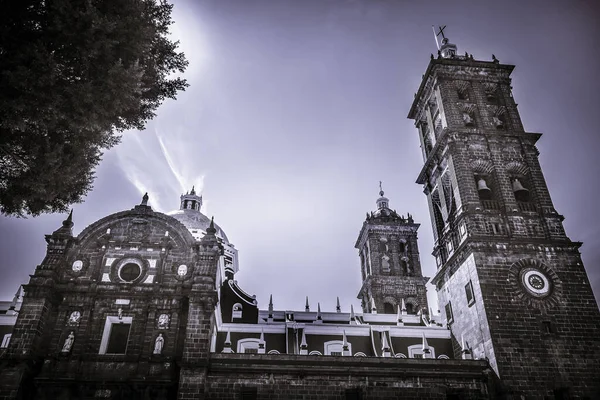 Black White Zocalo Park Katedra Puebla Meksyk — Zdjęcie stockowe