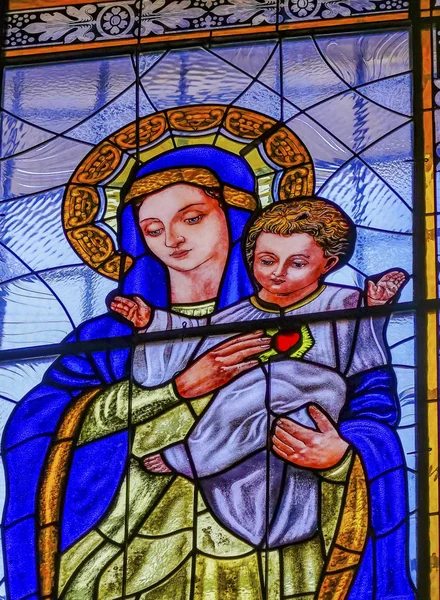 Coloful Szűz Mária Baby Jesus Foltos üveg Puebla Cathedral Me — Stock Fotó