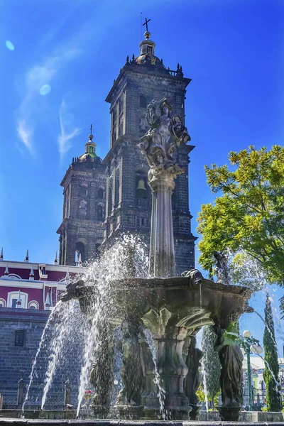 Sun Rays Zocalo Park Plaza Cathedral Puebla Mexico — Stock Photo, Image